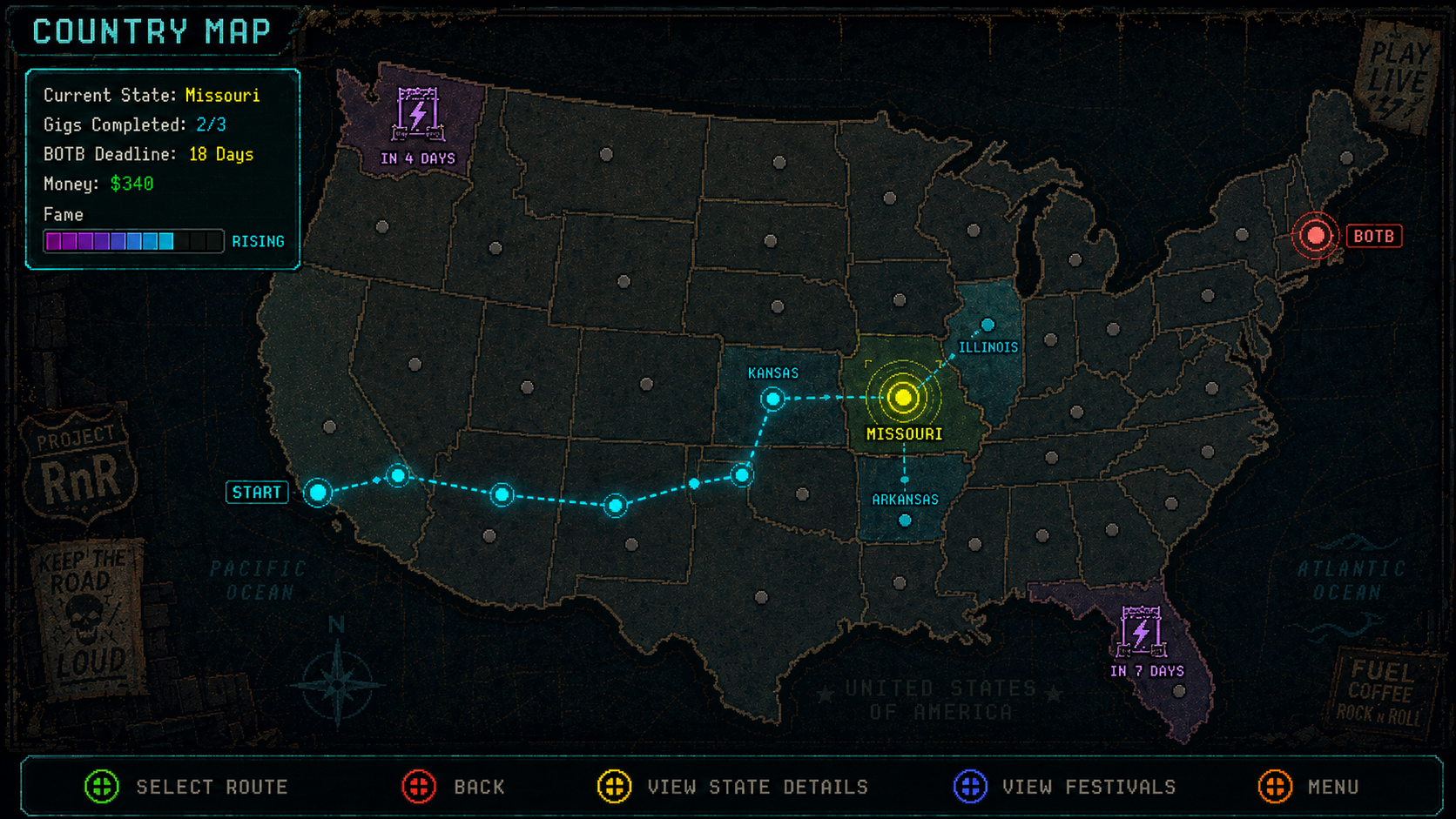 Country map: worn US road atlas with route trail, festival nodes, and the red BOTB endpoint