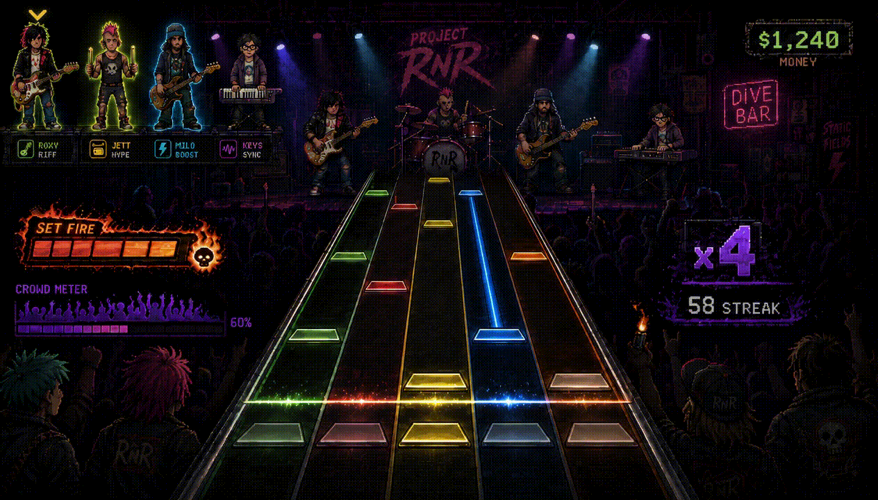 Animated gig gameplay — the 5-fret note highway in motion