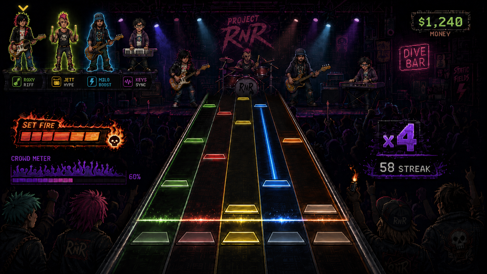Gig gameplay: 5-fret note highway, SET FIRE gauge, crowd meter, and band ability HUD