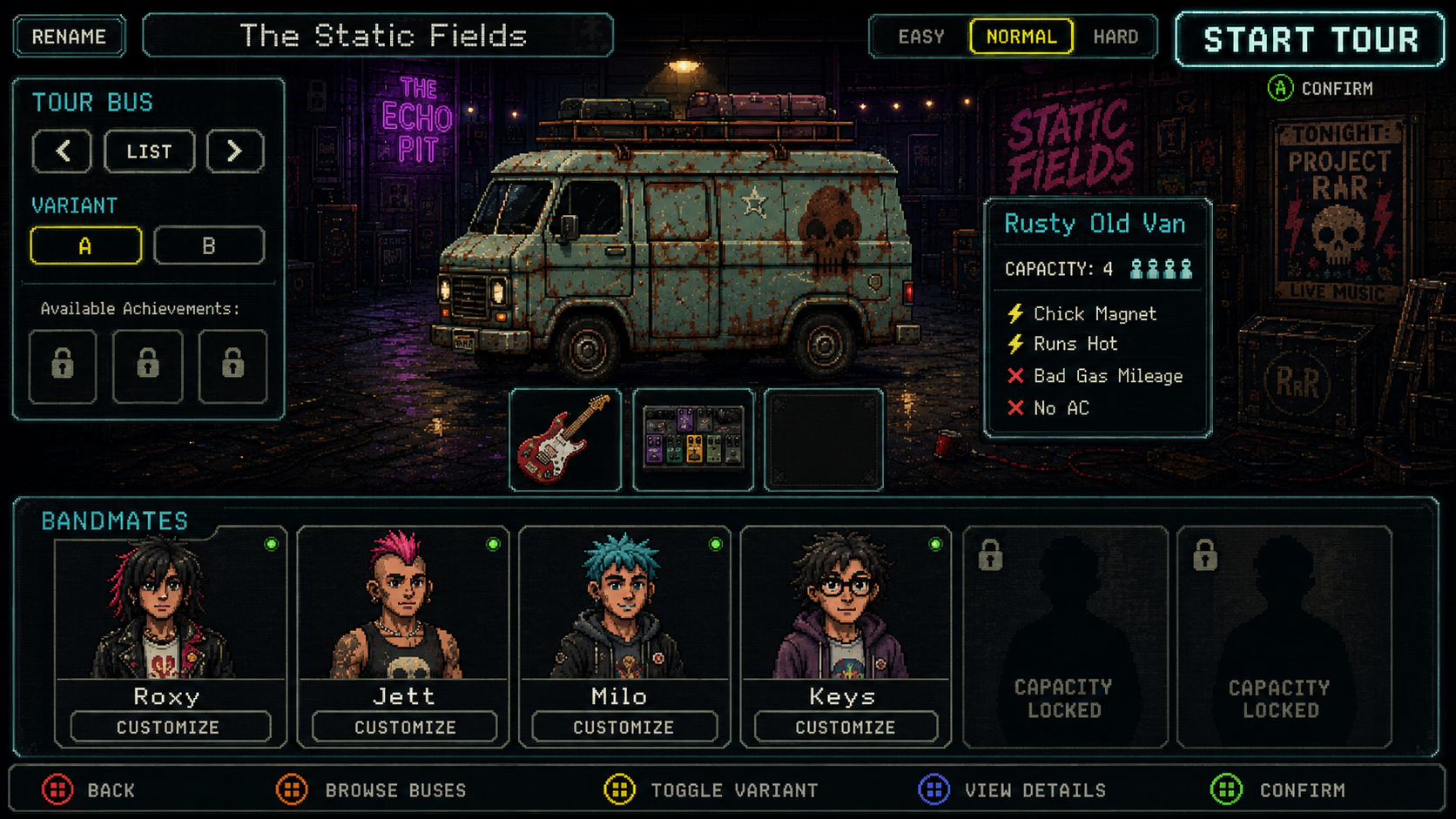 Loadout screen: tour bus selection, variant toggle, perks panel, gear slots, and bandmate roster