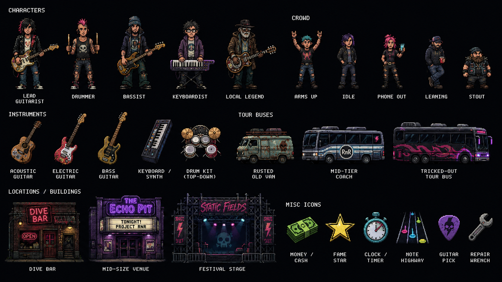 Pixel art style sheet: band characters, crowd, instruments, tour buses, venues, and misc icons